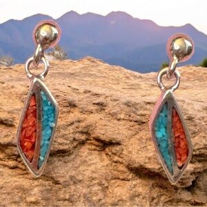 Turquoise and Coral Chip Inlay Dainty Dangle Pierced Earrings